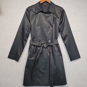 EILEEN FISHER Black Double Breasted Trench Coat Belted Classic Women's Size S
